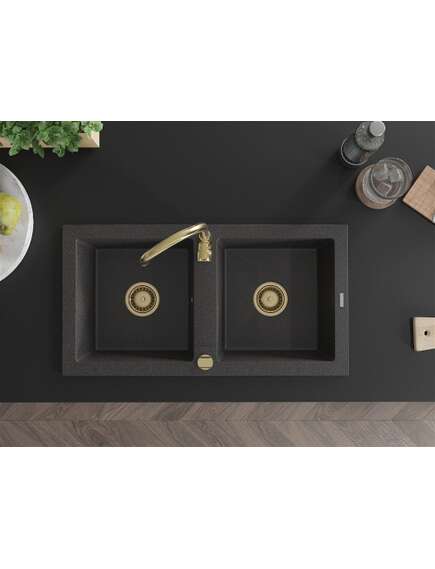 Mexen Mario zlewozmywak granitowy 2-komorowy 820 x 436 mm, czarny nakrapiany, syfon złoty - 6504822000-76-G, изображение 4