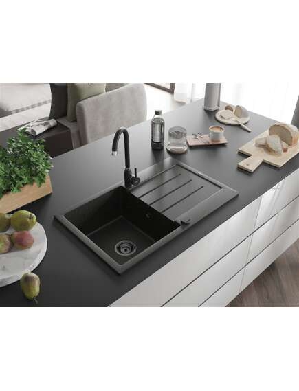 Mexen Bruno zlewozmywak granitowy 1-komorowy z ociekaczem 795 x 495 mm, czarny/złoty metalik, syfon czarny - 6513791010-75-B, изображение 2