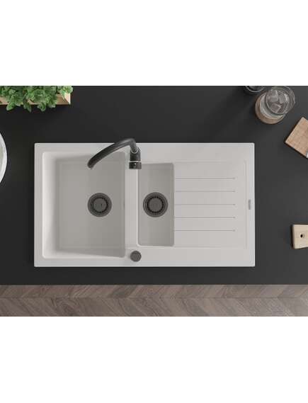 Mexen Matias zlewozmywak granitowy 1,5-komorowy z ociekaczem 900 x 505 mm, biały, syfon czarny - 6502901505-20-B, изображение 4