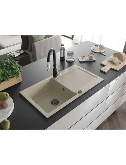 Mexen Leo zlewozmywak granitowy 1-komorowy z ociekaczem i baterią kuchenną Savita, beżowy - 6501-69-672601-70, изображение 2