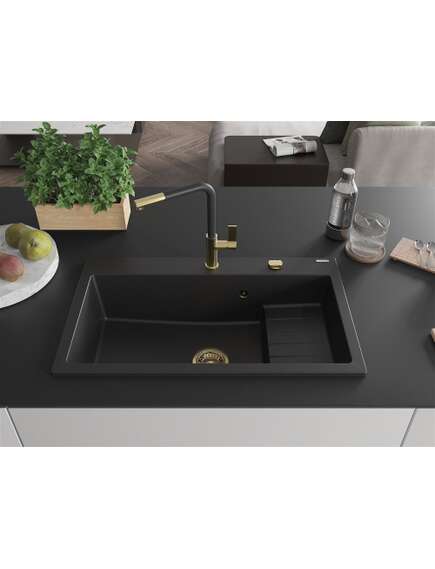 Mexen Omar zlewozmywak granitowy 1-komorowy 800 x 480 mm, czarny, syfon złoty - 6520801005-77-G, изображение 3