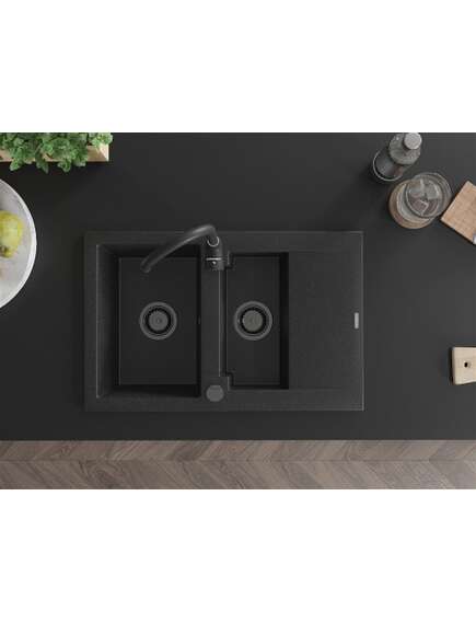 Mexen Gaspar zlewozmywak granitowy 1,5-komorowy z ociekaczem 737 x 475 mm czarny/srebrny metalik, syfon czarny - 6507731505-73-B, изображение 4