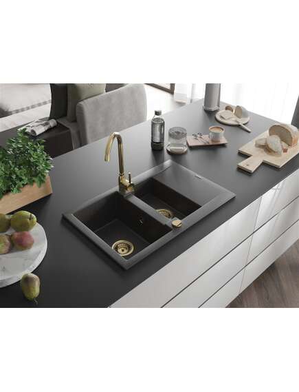 Mexen Gaspar zlewozmywak granitowy 1,5-komorowy z ociekaczem 737 x 475 mm, czarny nakrapiany, syfon złoty - 6507731505-76-G, изображение 2