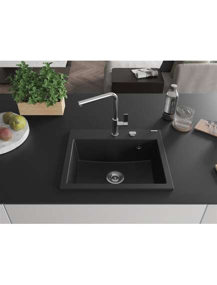 Mexen Oscar zlewozmywak granitowy 1-komorowy 580 x 490 mm, czarny, syfon chrom - 6519581000-77, изображение 3