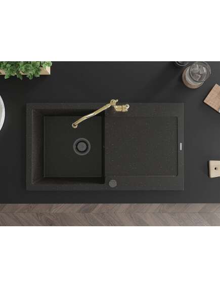 Mexen Leo zlewozmywak granitowy 1-komorowy z ociekaczem i baterią kuchenną Carla, czarny/złoty metalik - 6501-75-670700-50-B, 4 image