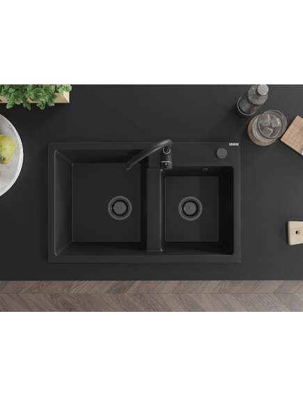 Mexen Tomas zlewozmywak granitowy 2-komorowy 800 x 500 mm, czarny, syfon czarny - 6516802000-77-B, 4 image