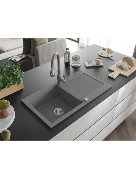 Mexen Leo zlewozmywak granitowy 1-komorowy z ociekaczem i baterią kuchenną Savita, szary - 6501-71-672601-71, 2 image