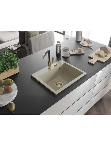 Mexen Oscar zlewozmywak granitowy 1-komorowy 580 x 490 mm, beżowy, syfon złoty - 6519581000-69-G, изображение 2