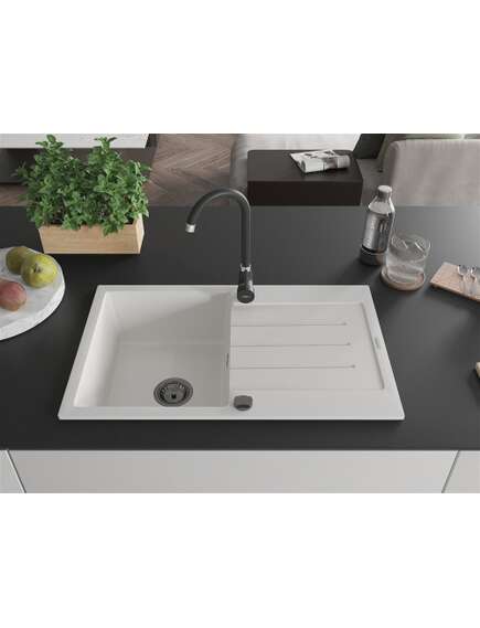 Mexen Bruno zlewozmywak granitowy 1-komorowy z ociekaczem 795 x 495 mm, biały, syfon czarny - 6513791010-20-B, изображение 3