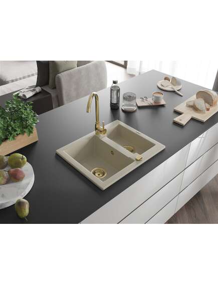 Mexen Carlos zlewozmywak granitowy 1,5-komorowy 582 x 475 mm, beżowy, syfon złoty - 6518581500-69-G, изображение 2