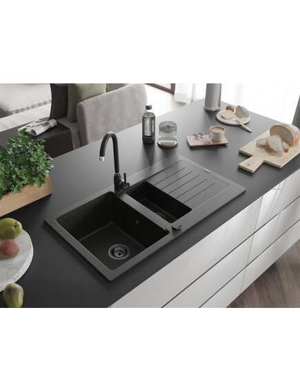 Mexen Matias zlewozmywak granitowy 1,5-komorowy z ociekaczem 900 x 505 mm, czarny/złoty metalik, syfon czarny - 6502901505-75-B, изображение 2