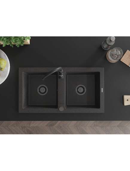Mexen Mario zlewozmywak granitowy 2-komorowy 820 x 436 mm, czarny nakrapiany, syfon czarny - 6504822000-76-B, изображение 4
