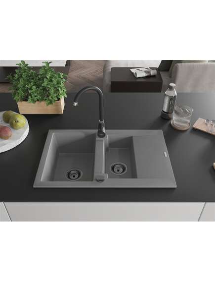 Mexen Gaspar zlewozmywak granitowy 1,5-komorowy z ociekaczem 737 x 475 mm, szary, syfon czarny - 6507731505-71-B, изображение 3