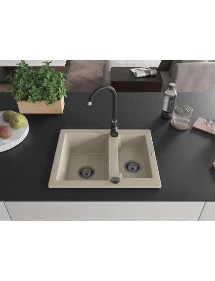 Mexen Carlos zlewozmywak granitowy 1,5-komorowy 582 x 475 mm, beżowy, syfon czarny - 6518581500-69-B, изображение 3