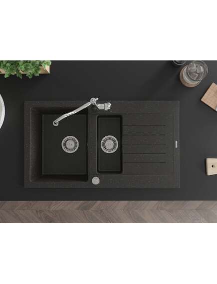 Mexen Matias zlewozmywak granitowy 1,5-komorowy z ociekaczem i baterią kuchenną Carla, czarny/złoty metalik - 6502-75-670700-00, 4 image