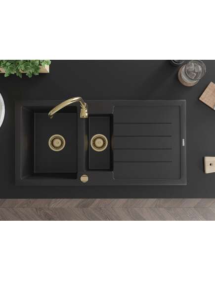 Mexen Andres zlewozmywak granitowy 1,5-komorowy z ociekaczem 1000 x 500 mm czarny, syfon złoty - 6515101510-77-G, 4 image