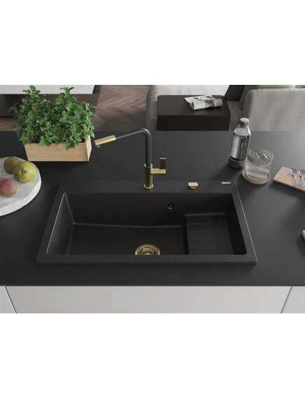 Mexen Omar zlewozmywak granitowy 1-komorowy 800 x 480 mm, czarny/srebrny metalik, syfon złoty - 6520801005-73-G, изображение 3