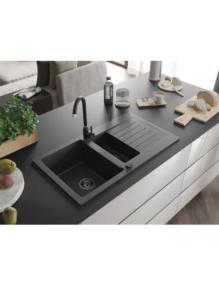Mexen Matias zlewozmywak granitowy 1,5-komorowy z ociekaczem 900 x 505 mm, czarny nakrapiany, syfon czarny - 6502901505-76-B, изображение 2