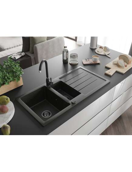 Mexen Andres zlewozmywak granitowy 1,5-komorowy z ociekaczem 1000 x 500 mm czarny/złoty metalik, syfon czarny - 6515101510-75-B, изображение 2