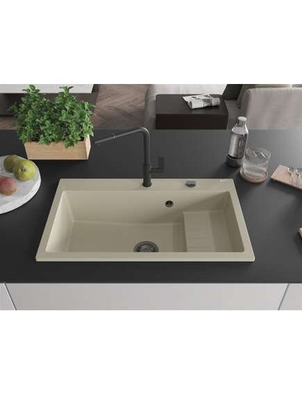 Mexen Omar zlewozmywak granitowy 1-komorowy 800 x 480 mm, beżowy, syfon czarny - 6520801005-69-B, изображение 3