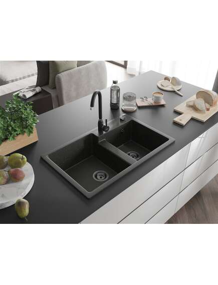 Mexen Tomas zlewozmywak granitowy 2-komorowy 800 x 500 mm, czarny/złoty metalik, syfon czarny - 6516802000-75-B, 2 image