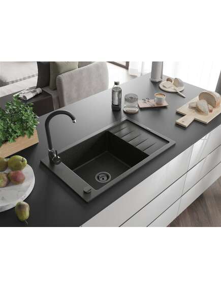 Mexen Elias zlewozmywak granitowy 1-komorowy z ociekaczem 795 x 480 mm, czarny/złoty metalik, syfon czarny - 6511791005-75-B, 2 image