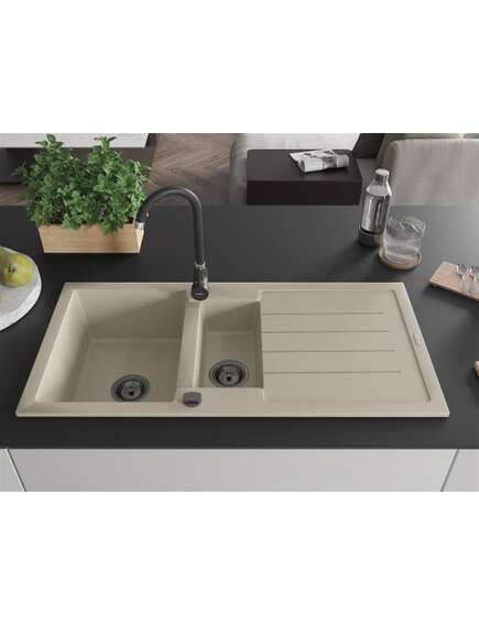 Mexen Andres zlewozmywak granitowy 1,5-komorowy z ociekaczem 1000 x 500 mm, beżowy, syfon czarny - 6515101510-69-B, изображение 3