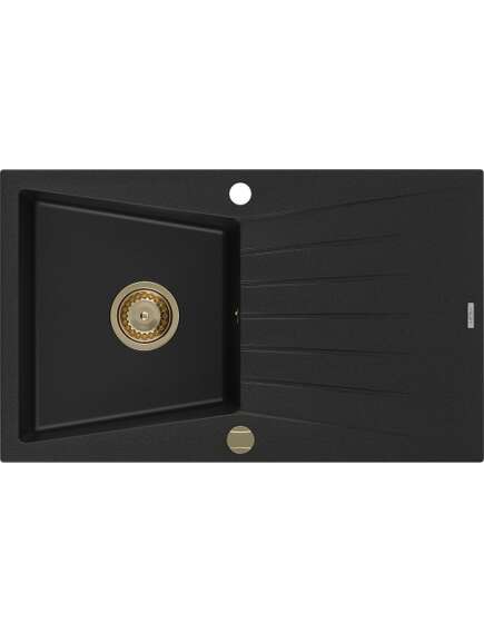 Mexen Cesar zlewozmywak granitowy 1-komorowy z ociekaczem 775 x 470 mm, czarny, syfon złoty - 6514771010-77-G