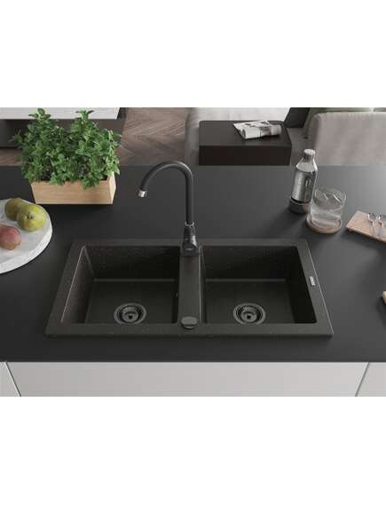 Mexen Mario zlewozmywak granitowy 2-komorowy 820 x 436 mm, czarny/złoty metalik, syfon czarny - 6504822000-75-B, изображение 3