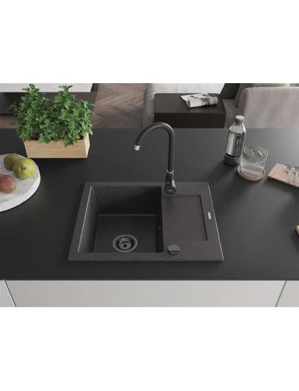 Mexen Enzo zlewozmywak granitowy 1-komorowy z ociekaczem 576 x 465 mm, czarny nakrapiany, syfon czarny - 6506571005-76-B, изображение 3