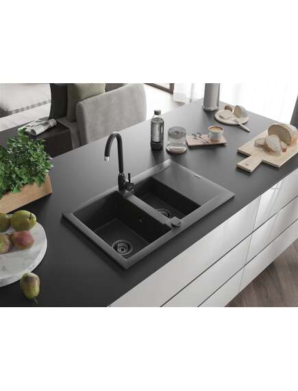 Mexen Gaspar zlewozmywak granitowy 1,5-komorowy z ociekaczem 737 x 475 mm, czarny nakrapiany, syfon czarny - 6507731505-76-B, изображение 2