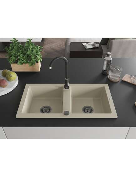 Mexen Mario zlewozmywak granitowy 2-komorowy 820 x 436 mm, beżowy, syfon czarny - 6504822000-69-B, изображение 4