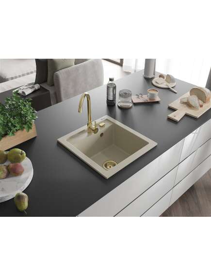 Mexen Vito zlewozmywak granitowy 1-komorowy 520 x 490 mm, beżowy, syfon złoty - 6503521000-69-G, изображение 2