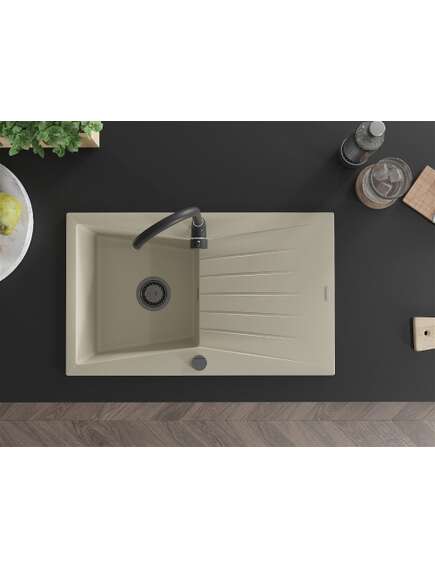 Mexen Cesar zlewozmywak granitowy 1-komorowy z ociekaczem 775 x 470 mm, beżowy, syfon czarny - 6514771010-69-B, изображение 4