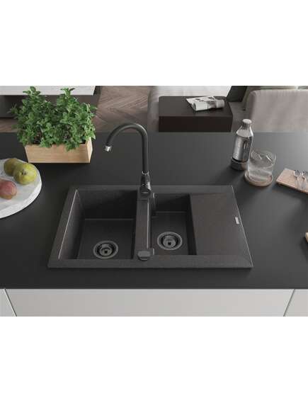 Mexen Gaspar zlewozmywak granitowy 1,5-komorowy z ociekaczem 737 x 475 mm, czarny nakrapiany, syfon czarny - 6507731505-76-B, изображение 3