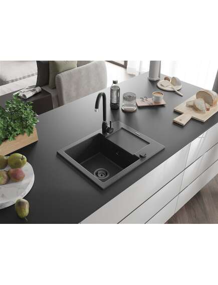 Mexen Enzo zlewozmywak granitowy 1-komorowy z ociekaczem 576 x 465 mm, czarny nakrapiany, syfon czarny - 6506571005-76-B, изображение 2