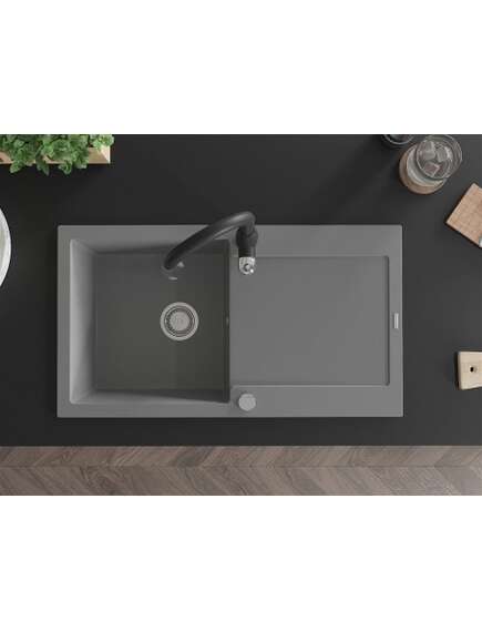 Mexen Leo zlewozmywak granitowy 1-komorowy z ociekaczem i baterią kuchenną Savita, szary - 6501-71-672601-70, 4 image