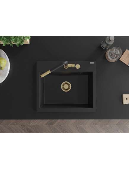 Mexen Oscar zlewozmywak granitowy 1-komorowy 580 x 490 mm, czarny, syfon złoty - 6519581000-77-G, изображение 4