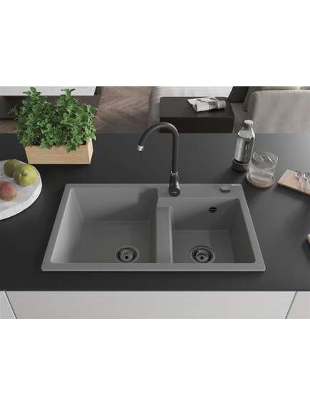 Mexen Tomas zlewozmywak granitowy 2-komorowy 800 x 500 mm, szary, syfon czarny - 6516802000-71-B, изображение 3