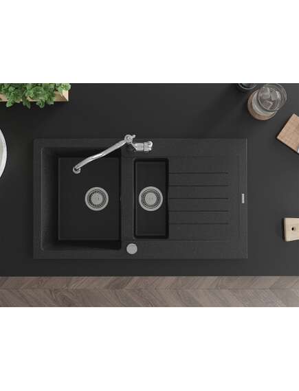 Mexen Matias zlewozmywak granitowy 1,5-komorowy z ociekaczem i baterią kuchenną Carla czarny/srebrny metalik - 6502-73-670700-00, 4 image