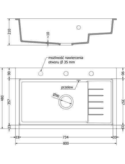 Mexen Omar zlewozmywak granitowy 1-komorowy 800 x 480 mm, czarny/złoty metalik, syfon chrom - 6520801005-75, изображение 5