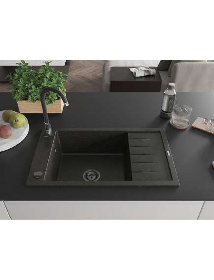 Mexen Elias zlewozmywak granitowy 1-komorowy z ociekaczem 795 x 480 mm, czarny/złoty metalik, syfon czarny - 6511791005-75-B, 3 image