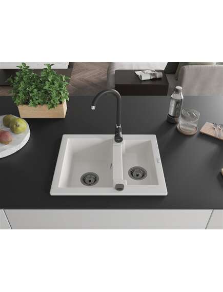 Mexen Carlos zlewozmywak granitowy 1,5-komorowy 582 x 475 mm, biały, syfon czarny - 6518581500-20-B, изображение 3