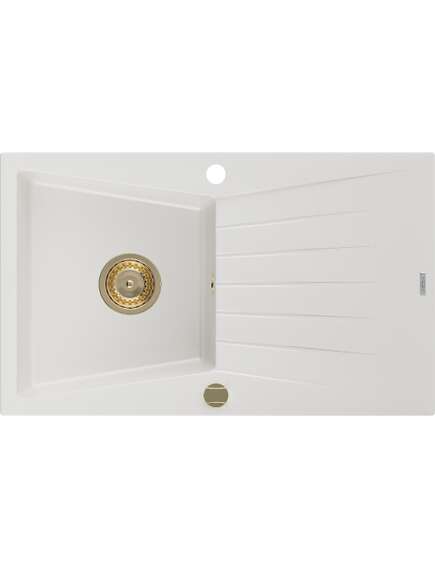 Mexen Cesar zlewozmywak granitowy 1-komorowy z ociekaczem 775 x 470 mm, biały, syfon złoty - 6514771010-20-G