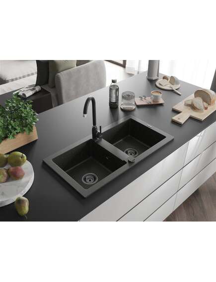 Mexen Mario zlewozmywak granitowy 2-komorowy 820 x 436 mm, czarny/złoty metalik, syfon czarny - 6504822000-75-B, изображение 2