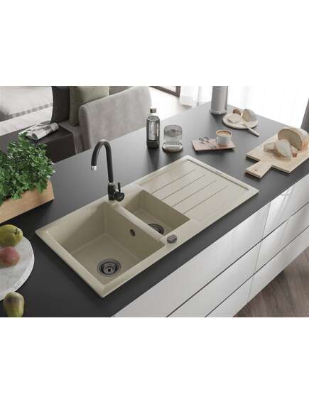 Mexen Andres zlewozmywak granitowy 1,5-komorowy z ociekaczem 1000 x 500 mm, beżowy, syfon czarny - 6515101510-69-B, изображение 2