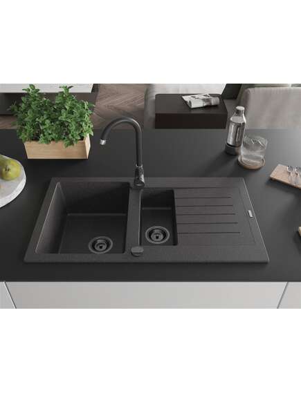 Mexen Matias zlewozmywak granitowy 1,5-komorowy z ociekaczem 900 x 505 mm, czarny nakrapiany, syfon czarny - 6502901505-76-B, изображение 3