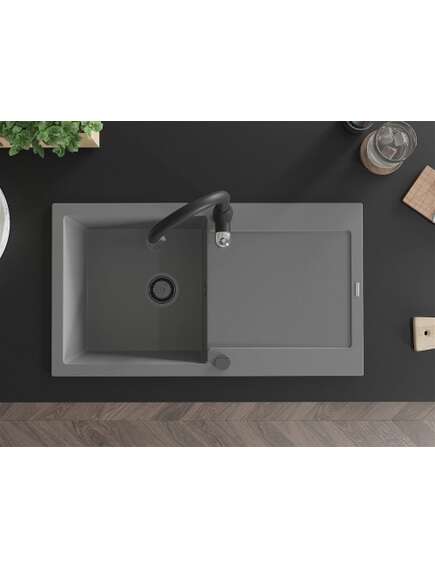 Mexen Leo zlewozmywak granitowy 1-komorowy z ociekaczem i baterią kuchenną Savita, szary - 6501-71-672601-70-B, 4 image
