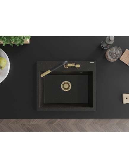 Mexen Oscar zlewozmywak granitowy 1-komorowy 580 x 490 mm, czarny/złoty metalik, syfon złoty - 6519581000-75-G, изображение 4