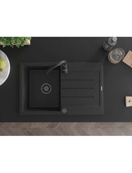 Mexen Bruno zlewozmywak granitowy 1-komorowy z ociekaczem 795 x 495 mm, czarny/srebrny metalik, syfon czarny - 6513791010-73-B, изображение 4